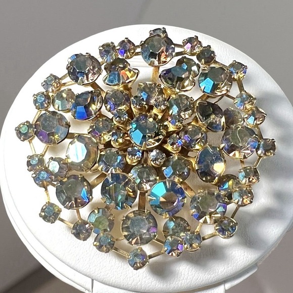 MCM Blue Aurora Borealis Rhinestone Statement Brooch Pin Gold Tone 2‎ 1/4" - Picture 2 of 7